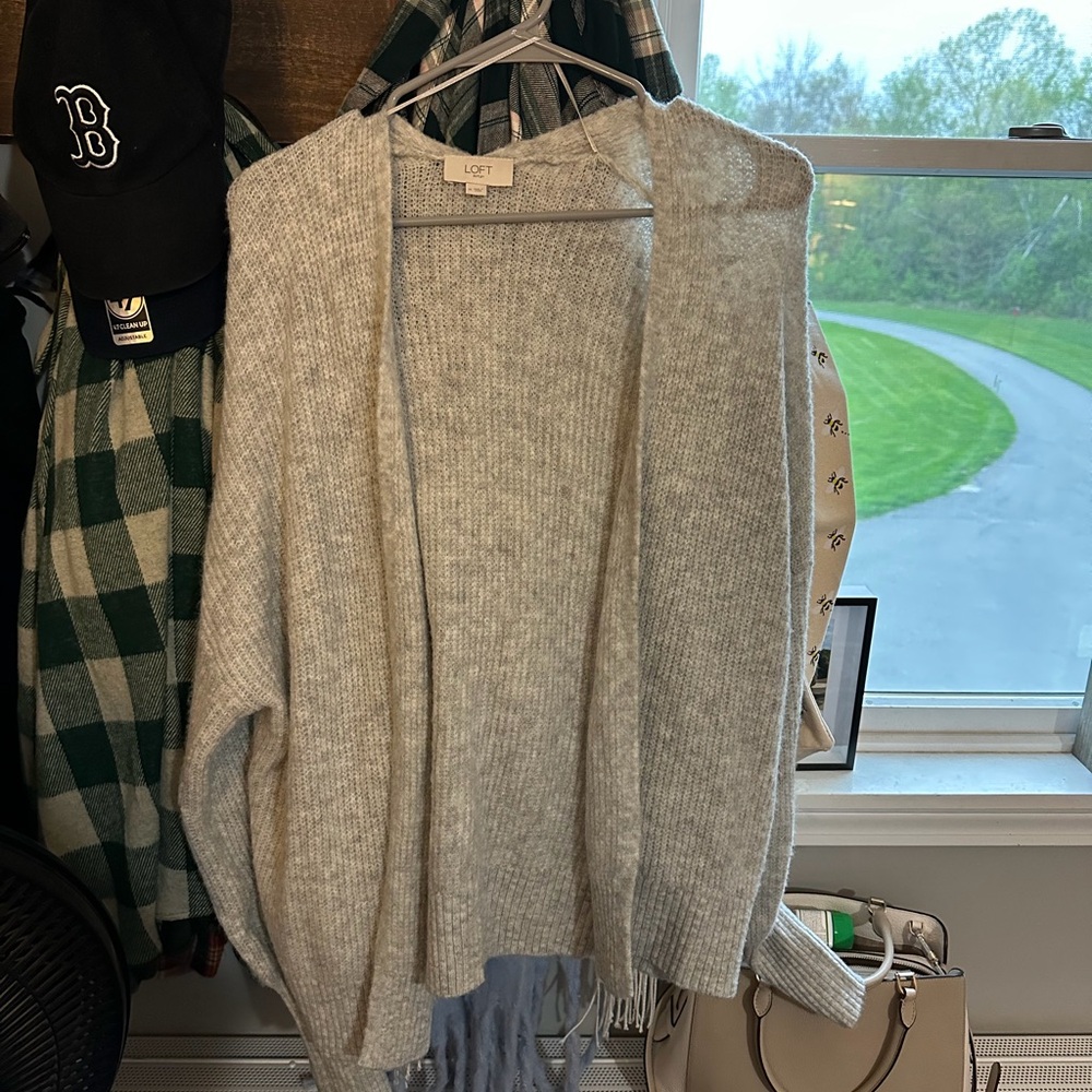 LOFT Light Gray Hooded Open-Front Cardigan